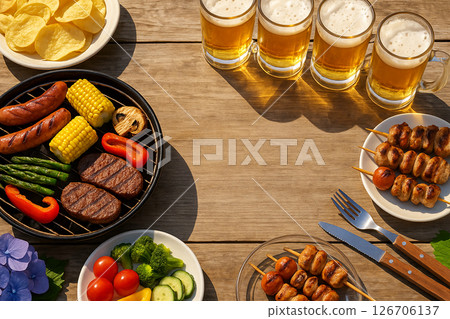 Enjoy a summer terrace lunch with barbecue and beer Enjoy a summer terrace lunch with barbecue and beer 126706137