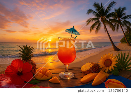 Tropical cocktails and sunset beach resort scenery Tropical cocktails and sunset beach resort scenery 126706140