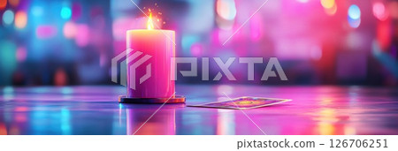 Illuminated candle with tarot card on a reflective surface in a mystical atmosphere 126706251