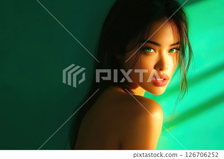 Striking woman with green eyes and dark hair stands confidently against teal backdrop Striking woman with green eyes and dark hair stands confidently against teal backdrop 126706252
