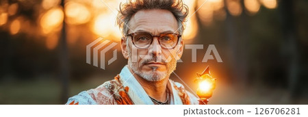 Middle aged man with glowing staff in forest during dusk with intense expression 126706281