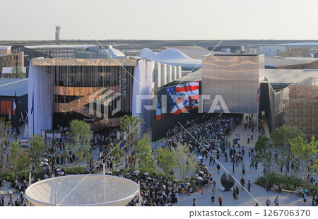 View of the American and French Pavilions from the large roof ring at EXPO2025 Osaka Kansai Expo View of the American and French Pavilions from the large roof ring at EXPO2025 Osaka Kansai Expo 126706370