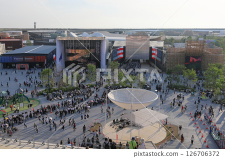 View of the American and French Pavilions from the large roof ring at EXPO2025 Osaka Kansai Expo 126706372