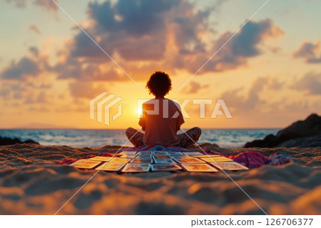 Sitting on the beach at sunset with tarot cards spread on the sand for reflection and insight 126706377