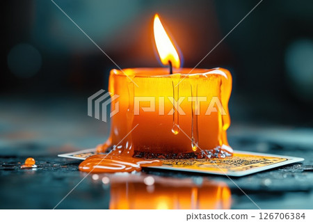 Candle wax drips create a mystical atmosphere on a tarot card with a blurred background 126706384