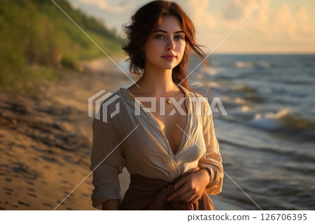 Young woman on a beach in midday sunlight with serene coastal backdrop and glowing shirt 126706395