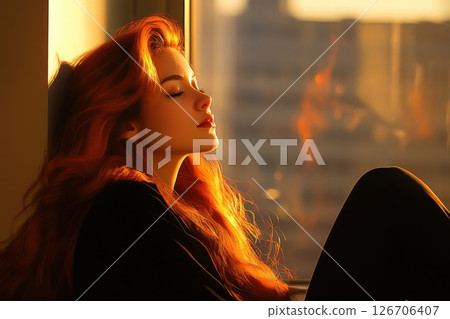 Woman with long red hair reflecting in sunlight on a serene balcony in the afternoon 126706407