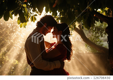 Young couple embraces under sunlight filtering through a large tree in a romantic moment 126706430