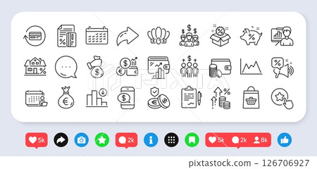 Loan percent, Wallet and Accounting line icons pack. Social media: share, comment, like icons. Clipboard, Decreasing graph, Loyalty star web icon. Vector Loan percent, Wallet and Accounting line icons pack. Social media: share, comment, like icons. Clipboard, Decreasing graph, Loyalty star web icon. Vector 126706927