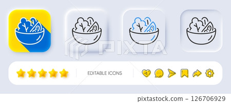 Salad line icon. Neumorphic, Flat shadow, 3d buttons. Vegetable food sign. Healthy meal symbol. Line salad icon. Social media icons. Vector 126706929