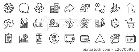 Loyalty star, Mobile finance and Increasing percent line icons pack. Share, Message, Paper plane icons. Report timer, Checklist, Rise price web icon. Vector 126706953