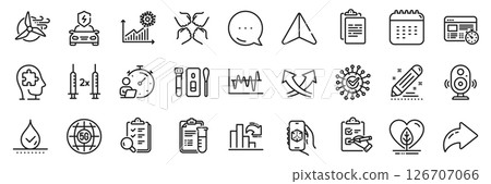 Checklist, Decreasing graph and Inspect line icons pack. Share, Message, Paper plane icons. 3d app, Coronavirus statistics, Local grown web icon. Vector 126707066