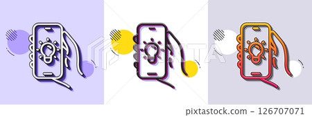Electric app line icon. Halftone dotted pattern. Gradient icon with grain shadow. Hand hold phone sign. Cellphone with screen notification symbol. Line electric app icon. Various designs. Vector 126707071