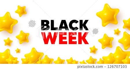 Black week winner banner with 3d stars. Golden stars banner. Black week offer. Special discount sign. Black friday sale symbol. Review rate background. Vector Black week winner banner with 3d stars. Golden stars banner. Black week offer. Special discount sign. Black friday sale symbol. Review rate background. Vector 126707103