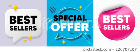 Best sellers speech bubble. 3d sparkles chat, Paper sticker. Best sellers tag. Special offer price sign. Advertising discounts symbol. Special offer bubble. Halftone dots pattern. Vector 126707107