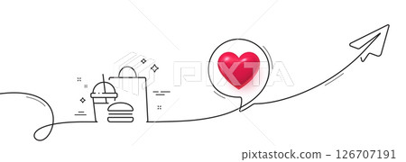 Food delivery line icon. Continuous line with share plane. Meal order sign. Fast food symbol. 3d heart in speech bubble. Fast food single line ribbon. Loop curve pattern. Vector Food delivery line icon. Continuous line with share plane. Meal order sign. Fast food symbol. 3d heart in speech bubble. Fast food single line ribbon. Loop curve pattern. Vector 126707191