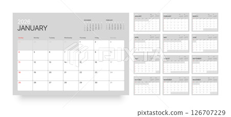 Monthly calendar layout for 2026. Planner diary. 126707229
