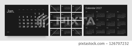 Monthly calendar layout for 2026. Planner diary. 126707232