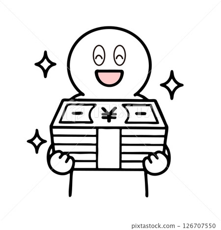 Stick figure happy with a stack of yen bills Stick figure happy with a stack of yen bills 126707550