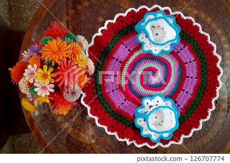 Wool Knitted Handicrafts on Table Wool Knitted Handicrafts on Table 126707774