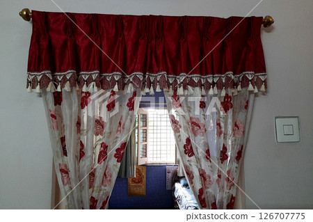 Floral Door Curtain with Red Cloth Border 126707775