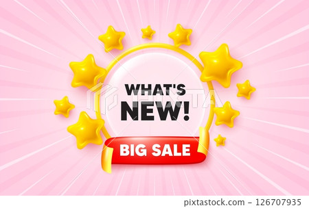 Whats new sunburst ray banner. Big sale flag ribbon. Whats new tag. Special offer sign. New arrivals symbol. 3d stars glitter. Red ribbon tag. Discount offer. Vector 126707935