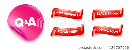 Questions answers sticker, offer ribbons. Black friday, coming soon. Questions and answers icon. Answer question sign. Faq symbol. Pink sticker tag. Flag ribbon banners. Vector 126707966