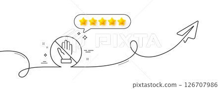 Corrupt line icon. Continuous line with share plane. No money bribe sign. Stop cash crime symbol. Five star rate review in speech bubble. Corrupt single line ribbon. Loop curve pattern. Vector 126707986