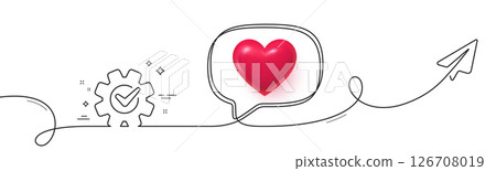 Cogwheel with check line icon. Continuous line with share plane. Engineering tool sign. Cog gear symbol. 3d heart in speech bubble. Cogwheel single line ribbon. Loop curve pattern. Vector Cogwheel with check line icon. Continuous line with share plane. Engineering tool sign. Cog gear symbol. 3d heart in speech bubble. Cogwheel single line ribbon. Loop curve pattern. Vector 126708019