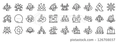 Teamwork line icons. Settings gear, Message, Inflation icons. Working at home, Online Team worker, Remote office. Artificial intelligence, Growth chart, Online home job line icons. Vector 126708037