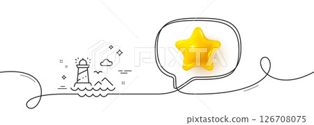 Lighthouse line icon. Continuous line with 3d star. Beacon tower sign. Searchlight building symbol. 3d star in speech bubble. Lighthouse single line ribbon. Loop curve pattern. Vector Lighthouse line icon. Continuous line with 3d star. Beacon tower sign. Searchlight building symbol. 3d star in speech bubble. Lighthouse single line ribbon. Loop curve pattern. Vector 126708075