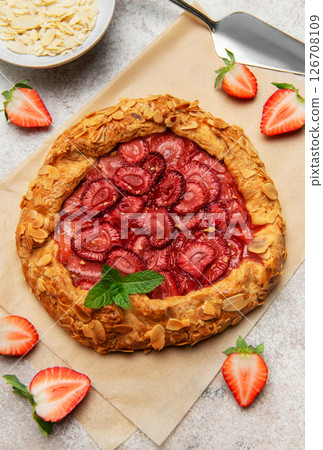Delicious homemade strawberry galette with almond petals and fresh mint 126708109
