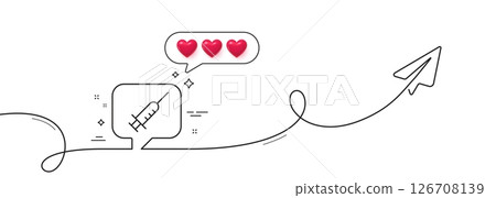 Vaccine message line icon. Continuous line with share plane. Vaccination syringe sign. Jab symbol. Hearts rate review in speech bubble. Vaccine message single line ribbon. Loop curve pattern. Vector 126708139