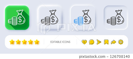 Coins bag line icon. Neumorphic, Flat shadow, 3d buttons. Cash money sign. Income savings symbol. Line coins bag icon. Social media icons. Vector 126708140