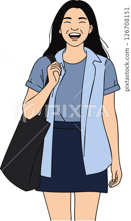 A cheerful cartoon illustration of a young woman smiling, wearing a white t-shirt, dark skirt, and carrying a black tote bag, with a light blue jacket draped over her shoulders. 126708151