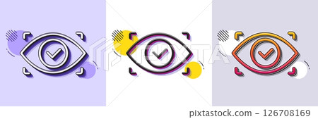 Biometric security scan line icon. Halftone dotted pattern. Gradient icon with grain shadow. Eye access sign. Private protection symbol. Line biometric eye icon. Various designs. Vector 126708169