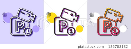 Parking with video monitoring line icon. Halftone dotted pattern. Gradient icon with grain shadow. Car park sign. Transport place symbol. Line parking security icon. Various designs. Vector 126708182