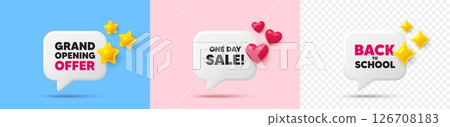One day chat speech bubble. 3d stars, sparkles, hearts chat bubbles. One day sale tag. Special offer price sign. Advertising Discounts symbol. Final sale, Back to school tag. Vector One day chat speech bubble. 3d stars, sparkles, hearts chat bubbles. One day sale tag. Special offer price sign. Advertising Discounts symbol. Final sale, Back to school tag. Vector 126708183