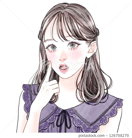 Woman placing index finger on cheek 126708270