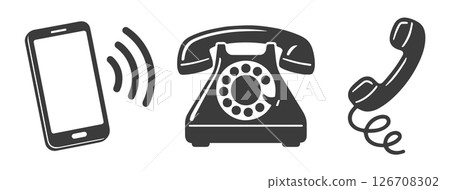Phone contact connection icon symbol set. Old phone logo sign shape collection. 24 7 hour service. Vector illustration image. Isolated on white background. Phone contact connection icon symbol set. Old phone logo sign shape collection. 24 7 hour service. Vector illustration image. Isolated on white background. 126708302