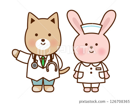 Cute animal doctor and nurse illustration set | Dog and rabbit Cute animal doctor and nurse illustration set | Dog and rabbit 126708365