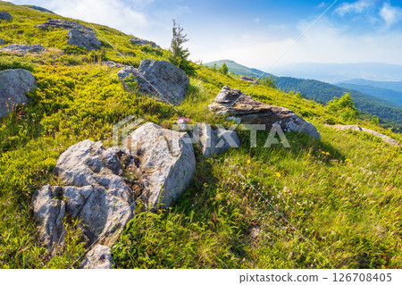 mountain landscape with blue sky in summer. nature background with hill for travel. beautiful view for alpine tourism and hiking. wonderful scenery for vacation and outdoor adventure in morning light 126708405