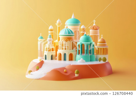A colorful building with a green dome sits on a yellow background A colorful building with a green dome sits on a yellow background 126708440