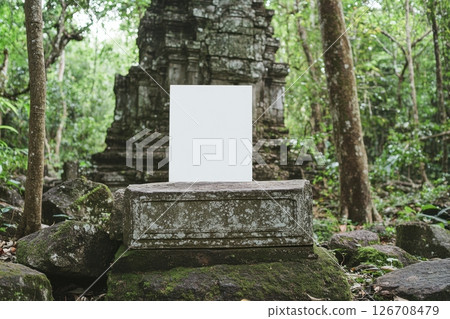 A white sign is sitting on a rock in a forest 126708479