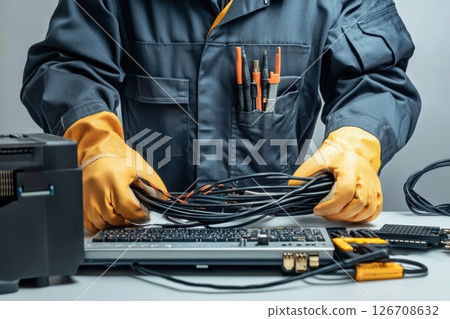 A man in a blue uniform is holding a bundle of wires and a keyboard 126708632