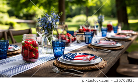 July 4, Independence Day traditional American picnic background. Plates, glasses, USA flags on green lawn or meadow grass, with blanket or tablecloth for picnic, sunglasses, copy space top view. 126708925