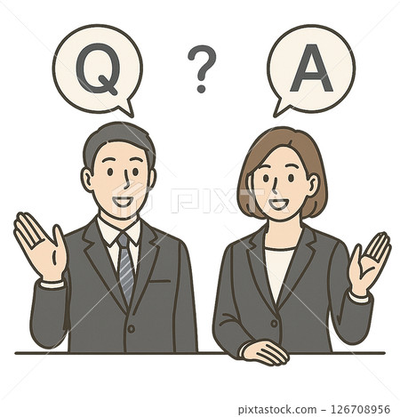 身穿西裝的男性和女性角色回答問答，插圖為商務人士提問和回答問題，舉手解釋 126708956