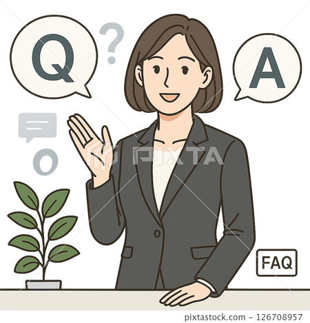圖：一位女性商務人士回答問答，微笑的女性角色回答常見問題和辦公室問題 126708957