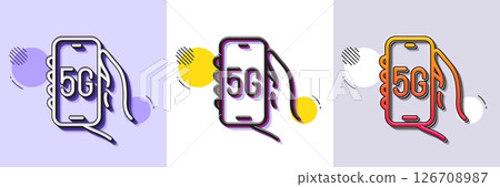 5g internet app line icon. Halftone dotted pattern. Gradient icon with grain shadow. Hand hold phone sign. Cellphone with screen notification symbol. Line 5g internet icon. Various designs. Vector 126708987