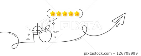 Apple juice line icon. Continuous line with share plane. Fresh fruit drink sign. Natural beverage symbol. Five star rate review in speech bubble. Juice single line ribbon. Loop curve pattern. Vector Apple juice line icon. Continuous line with share plane. Fresh fruit drink sign. Natural beverage symbol. Five star rate review in speech bubble. Juice single line ribbon. Loop curve pattern. Vector 126708999